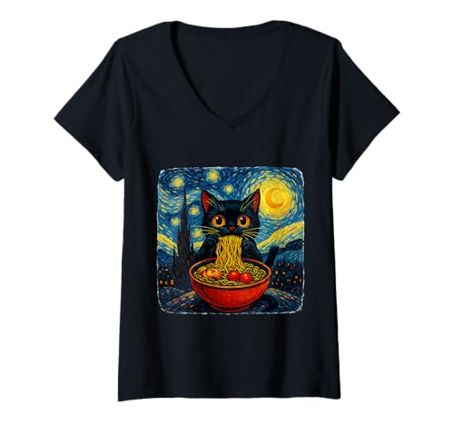 Damen Katze isst Ramen Sterne Nacht lustig T-Shirt mit V-Ausschnitt Damen Katze isst Ramen Sterne Nacht lustig T-Shirt mit V-Ausschnitt von Katze Ramen Geschenkideen