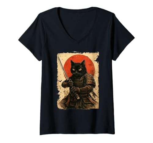 Damen Katze Samurai Vintage Japanischer Krieger T-Shirt mit V-Ausschnitt Damen Katze Samurai Vintage Japanischer Krieger T-Shirt mit V-Ausschnitt von Katze Samurai Japan Anime Katana Retro