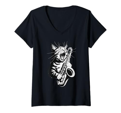 Damen Cat Playing Saxophone T-Shirt mit V-Ausschnitt von Katze Saxophon Musiker Jazz