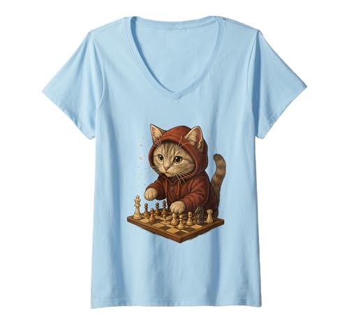 Damen Katze Schach Lustig Taktik Spiel Katzenliebhaber Shirt T-Shirt mit V-Ausschnitt Damen Katze Schach Lustig Taktik Spiel Katzenliebhaber Shirt T-Shirt mit V-Ausschnitt von Katze Schach Strategie Humor Tierliebhaber