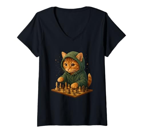 Damen Katze Schach Lustig Taktik Spiel Katzenliebhaber Shirt T-Shirt mit V-Ausschnitt von Katze Schach Strategie Humor Tierliebhaber