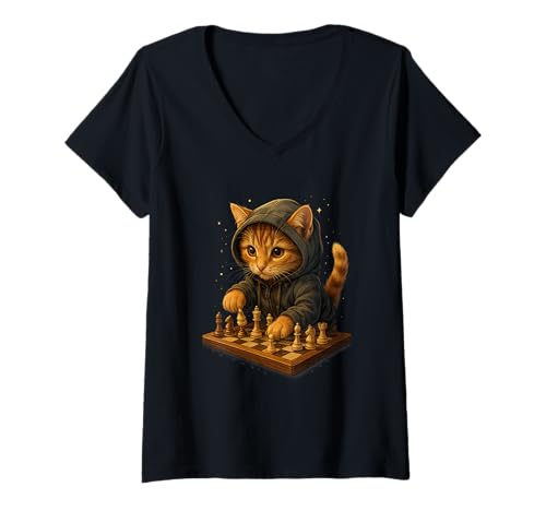 Damen Katze Schach Lustig Taktik Spiel Katzenliebhaber Shirt T-Shirt mit V-Ausschnitt von Katze Schach Strategie Humor Tierliebhaber