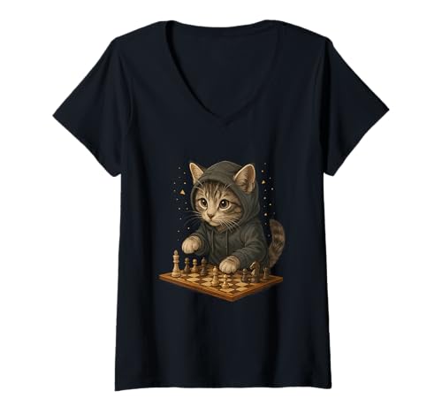 Damen Katze Schach Lustig Taktik Spiel Katzenliebhaber Shirt T-Shirt mit V-Ausschnitt von Katze Schach Strategie Humor Tierliebhaber
