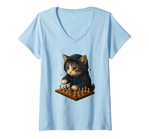 Damen Katze Schach Lustig Taktik Spiel Katzenliebhaber Shirt T-Shirt mit V-Ausschnitt von Katze Schach Strategie Humor Tierliebhaber