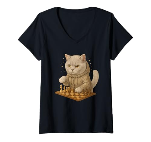 Damen Katze Schach Lustig Taktik Spiel Katzenliebhaber Shirt T-Shirt mit V-Ausschnitt von Katze Schach Strategie Humor Tierliebhaber