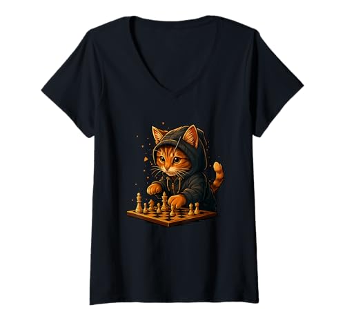 Damen Katze Schach Lustig Taktik Spiel Katzenliebhaber Shirt T-Shirt mit V-Ausschnitt von Katze Schach Strategie Humor Tierliebhaber