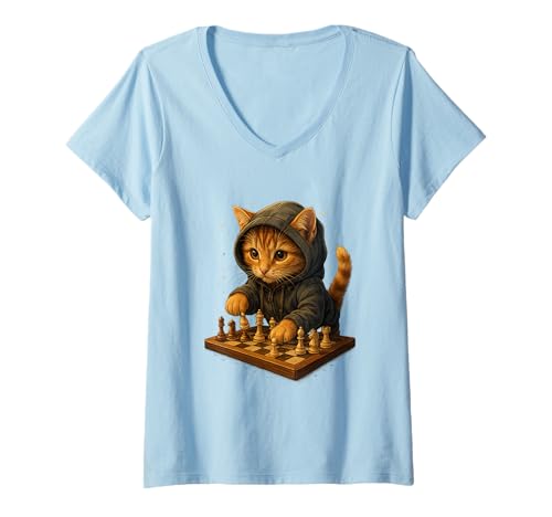 Damen Katze Schach Lustig Taktik Spiel Katzenliebhaber Shirt T-Shirt mit V-Ausschnitt von Katze Schach Strategie Humor Tierliebhaber