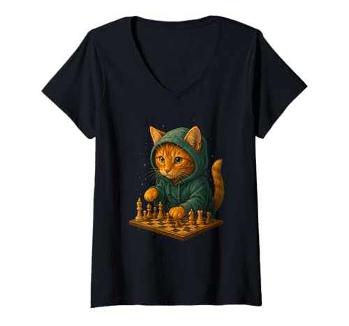 Damen Katze Schach Lustig Taktik Spiel Katzenliebhaber Shirt T-Shirt mit V-Ausschnitt Damen Katze Schach Lustig Taktik Spiel Katzenliebhaber Shirt T-Shirt mit V-Ausschnitt von Katze Schach Strategie Humor Tierliebhaber