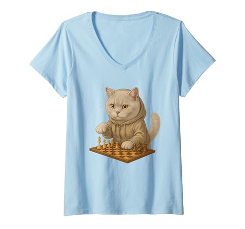 Damen Katze Schach Lustig Taktik Spiel Katzenliebhaber Shirt T-Shirt mit V-Ausschnitt von Katze Schach Strategie Humor Tierliebhaber