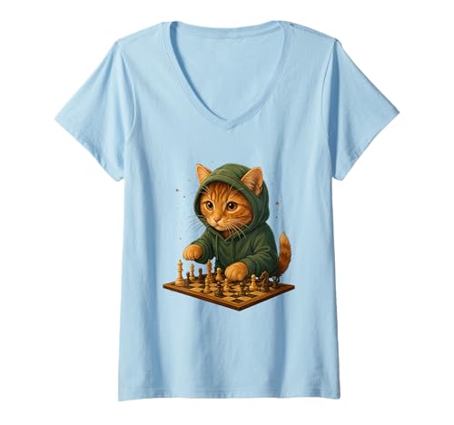 Damen Katze Schach Lustig Taktik Spiel Katzenliebhaber Shirt T-Shirt mit V-Ausschnitt von Katze Schach Strategie Humor Tierliebhaber