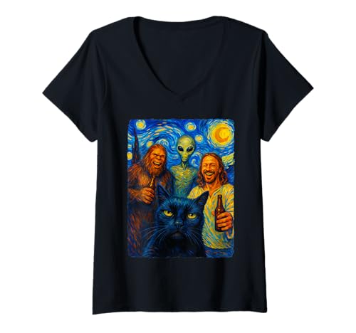 Damen Katze Selfie Bigfoot Jesus Außerirdischer T-Shirt mit V-Ausschnitt Damen Katze Selfie Bigfoot Jesus Außerirdischer T-Shirt mit V-Ausschnitt von Katze Selfie Lustig Sasquatch