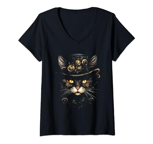 Damen Steampunk Katzen Katze T-Shirt mit V-Ausschnitt Damen Steampunk Katzen Katze T-Shirt mit V-Ausschnitt von Katze Steampunk kunst
