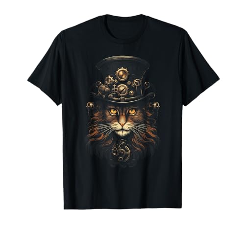 Katze Steampunk kunst Steampunk-Katzen T-Shirt, Herren, Unisex-Erwachsene, Kurzarm, Schwarz, S, Klassische Passform, T-Shirt, Steampunk von Katze Steampunk kunst