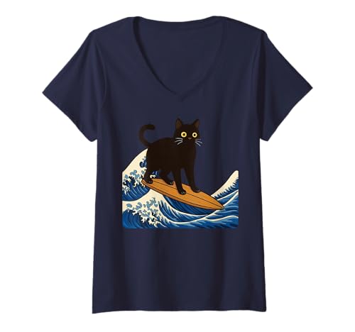 Damen Schwarze Katze Surfen Japanische Welle Japan T-Shirt mit V-Ausschnitt Damen Schwarze Katze Surfen Japanische Welle Japan T-Shirt mit V-Ausschnitt von Katze Surfer Große Welle Anime Kawaii Ästhetik