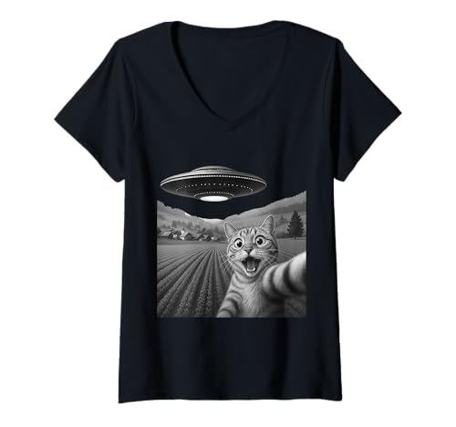Damen Katze Selfie UFO Alien Raumschiff lustig T-Shirt mit V-Ausschnitt von Katze UFO Geschenkideen
