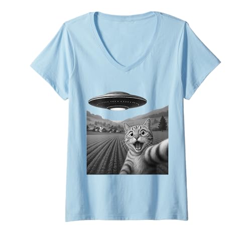 Damen Katze Selfie UFO Alien Raumschiff lustig T-Shirt mit V-Ausschnitt von Katze UFO Geschenkideen
