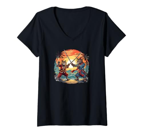 Damen Kämpfende Samurai Katzen Sonnenuntergang Strand T-Shirt mit V-Ausschnitt Damen Kämpfende Samurai Katzen Sonnenuntergang Strand T-Shirt mit V-Ausschnitt von Katze als Ninja, Samurai Designs