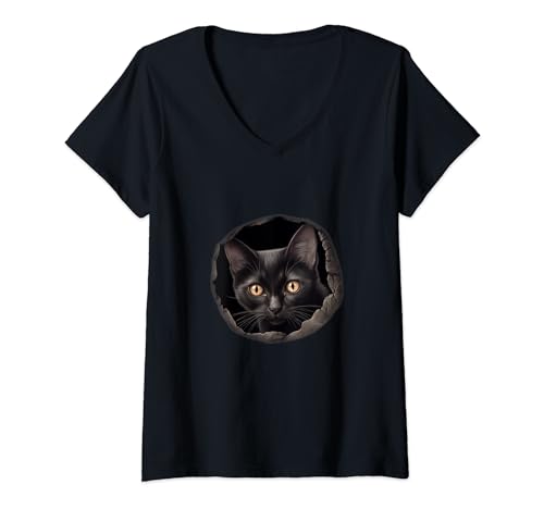 Damen Süße Katze guckt durch Loch im T Shirt T-Shirt mit V-Ausschnitt von Katze guckt durch Loch