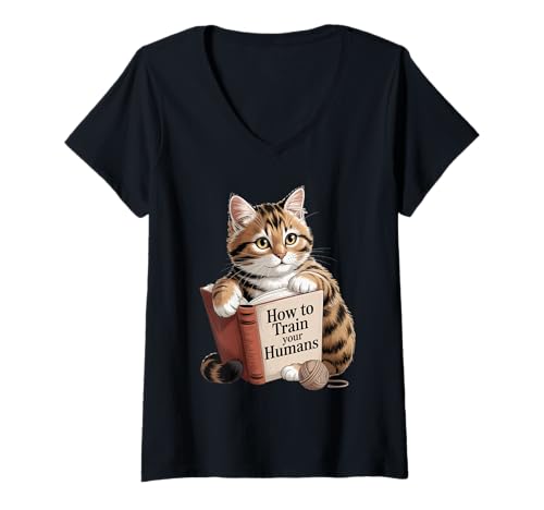 Damen Katze liest, How to Train Your Humans, witzige Geschenkidee T-Shirt mit V-Ausschnitt von Katze liest, How to Train Your Humans, witzige Ge