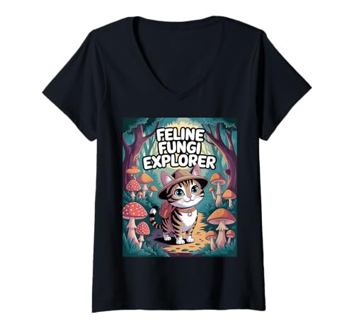 Damen Katzenpilze Explorer -Katzenpilz -Pilz lustige Mykologie T-Shirt mit V-Ausschnitt Damen Katzenpilze Explorer -Katzenpilz -Pilz lustige Mykologie T-Shirt mit V-Ausschnitt von Katze und Pilz Mykologieliebhaber