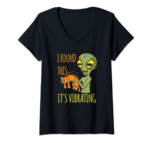 Damen Alien mit Katze Vibration Schnurren i found this Vibrating T-Shirt mit V-Ausschnitt Damen Alien mit Katze Vibration Schnurren i found this Vibrating T-Shirt mit V-Ausschnitt von Katzen Alien lustige Geschenk für Katzenbesitzer