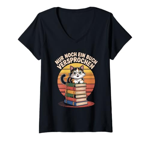 Damen Nur Noch EIN Buch Versprochen Katze Bücherstapel T-Shirt mit V-Ausschnitt Damen Nur Noch EIN Buch Versprochen Katze Bücherstapel T-Shirt mit V-Ausschnitt von Katzen Buchliebhaber Lesen Humor Vintage