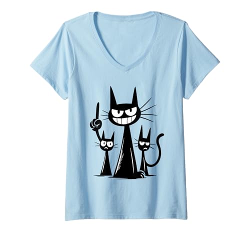 Damen Lustiger wütender Katzen Gang -Cartoon und böses Lächeln T-Shirt mit V-Ausschnitt Damen Lustiger wütender Katzen Gang -Cartoon und böses Lächeln T-Shirt mit V-Ausschnitt von Katzen Cartoon Designs