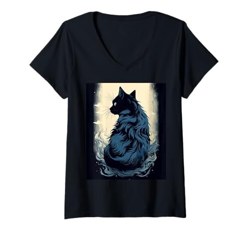 Damen Katze Cat Mond Design Funny Halloween T-Shirt mit V-Ausschnitt von Katzen Cat Spooky Halloween Graphic