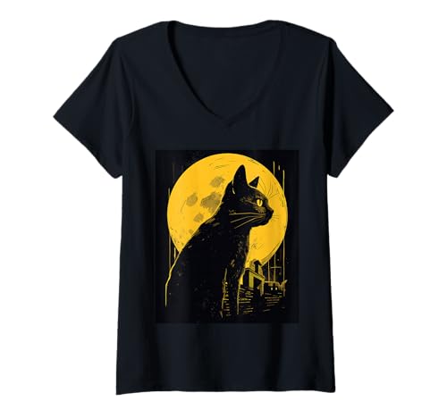 Damen Katze Cat Mond Design Funny Halloween T-Shirt mit V-Ausschnitt von Katzen Cat Spooky Halloween Graphic