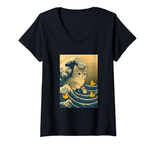 Damen Eine lustige Katze auf Einer Meer Welle mit DREI Enten T-Shirt mit V-Ausschnitt Damen Eine lustige Katze auf Einer Meer Welle mit DREI Enten T-Shirt mit V-Ausschnitt von Katzen Cats Designs24