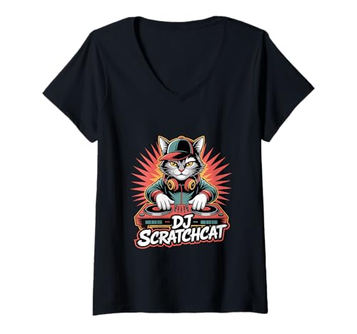 Damen DJ Scratchcat Katze DJ Turntables Hip Hop Club Beats T-Shirt mit V-Ausschnitt von Katzen DJ Musik Club Hip Hop Elektro Turntable