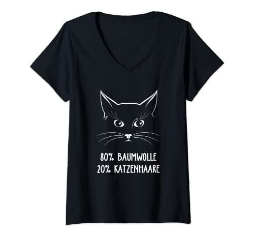 Damen Katze Lustiger Spruch 80% Baumwolle 20% Katzenhaare Katzen T-Shirt mit V-Ausschnitt von Katzen Geschenke, Lustige Sprüche für Katzenhalter