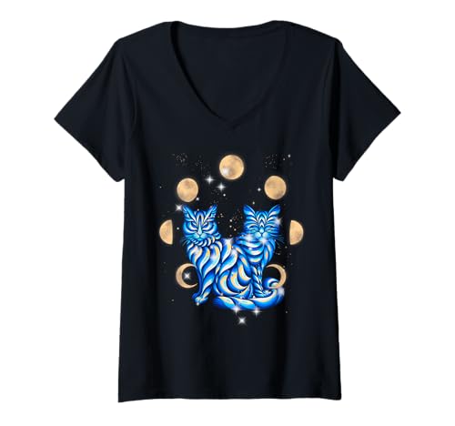 Damen mystisch Katze Katzen Mond Mondphase Frau Mann Kinder Kind T-Shirt mit V-Ausschnitt Damen mystisch Katze Katzen Mond Mondphase Frau Mann Kinder Kind T-Shirt mit V-Ausschnitt von Katzen Geschenke Katze Geschenkideen niedlich