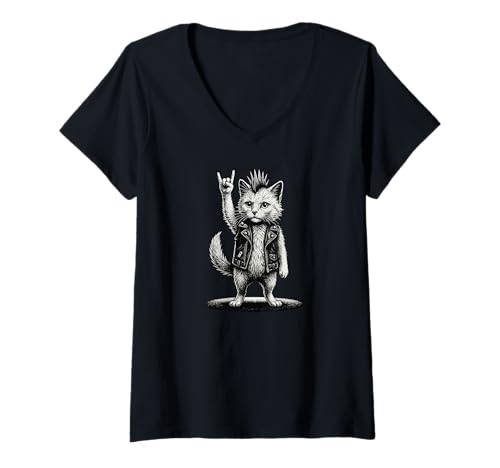 Damen Katze Katzenliebhaber Punk-Rock-Music Katzen T-Shirt mit V-Ausschnitt Damen Katze Katzenliebhaber Punk-Rock-Music Katzen T-Shirt mit V-Ausschnitt von Katzen Haustiere Zubehör Geschenke Shirts
