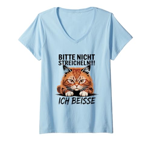 Damen Nicht Streicheln Ich Beisse Katze T-Shirt mit V-Ausschnitt Damen Nicht Streicheln Ich Beisse Katze T-Shirt mit V-Ausschnitt von Katzen Humor Witzige Katze