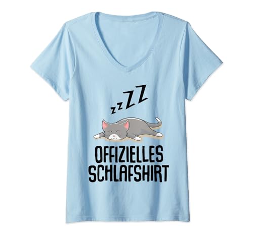 Damen Offizielles Schlafshirt Pyjama Katze Kätzchen Kater Geschenk T-Shirt mit V-Ausschnitt von Katzen Kater Geschenkidee Langschläfer Nachthemd