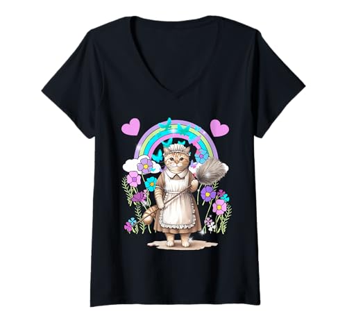 Damen Katze Frühling putzen Katzen Frühjahr Natur Putzfrau T-Shirt mit V-Ausschnitt von Katzen Katze Geschenkideen niedlich
