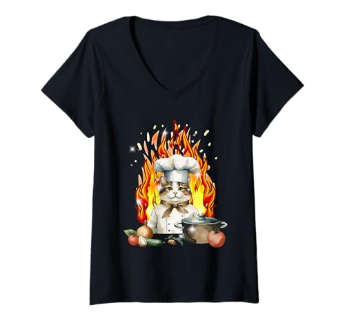 Damen Katze Koch Köchin Köche Katzen T-Shirt mit V-Ausschnitt von Katzen Katze Geschenkideen niedlich