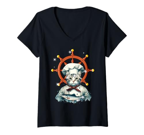 Damen maritim Katze Katzen Koch Köche Köchin Seefahrt Steuerrad T-Shirt mit V-Ausschnitt von Katzen Katze Geschenkideen niedlich