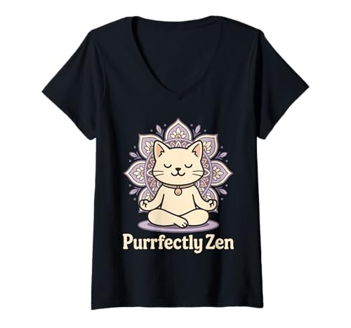 Damen Purrfectly Zen Katze Meditiert Mandala T-Shirt mit V-Ausschnitt von Katzen Meditation Achtsamkeit Mandala