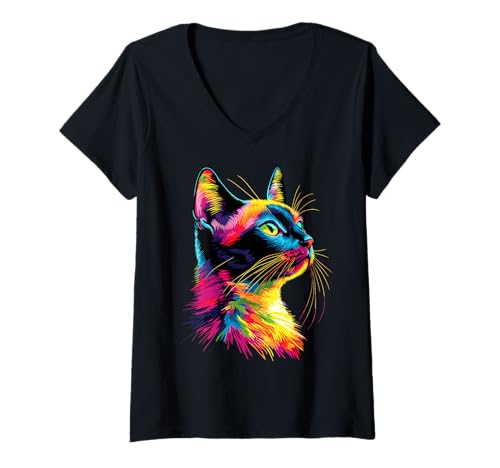Damen Katze in Bunt Regenbogen Farben Popart MIAU Liebe Katzen T-Shirt mit V-Ausschnitt von Katzen Motive für Katzen Liebhaber & Cat Mom