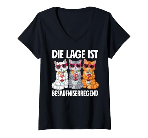 Damen Die Lage Ist Besäufniserregend Katze Cocktails Urlaub T-Shirt mit V-Ausschnitt von Katzen Outfits für Party und Kneipentour