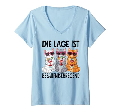 Damen Die Lage Ist Besäufniserregend Katze Cocktails Urlaub T-Shirt mit V-Ausschnitt von Katzen Outfits für Party und Kneipentour