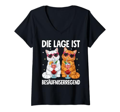 Damen Die Lage Ist Besäufniserregend Katzen mit Cocktails T-Shirt mit V-Ausschnitt von Katzen Outfits für Party und Kneipentour