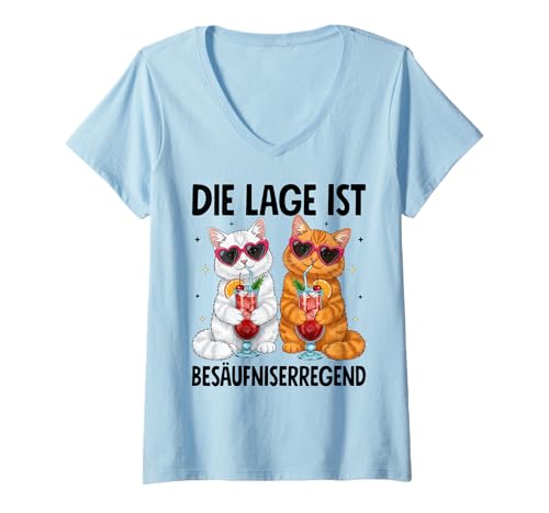 Damen Die Lage Ist Besäufniserregend T-Shirt mit V-Ausschnitt von Katzen Outfits für Party und Kneipentour