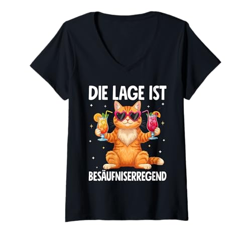 Damen Die Lage Ist Besäufniserregend T-Shirt mit V-Ausschnitt von Katzen Outfits für Party und Kneipentour