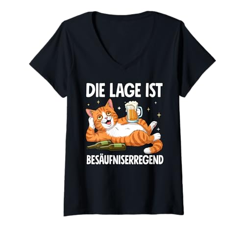 Damen Die Lage Ist Besäufniserregend T-Shirt mit V-Ausschnitt von Katzen Outfits für Party und Kneipentour