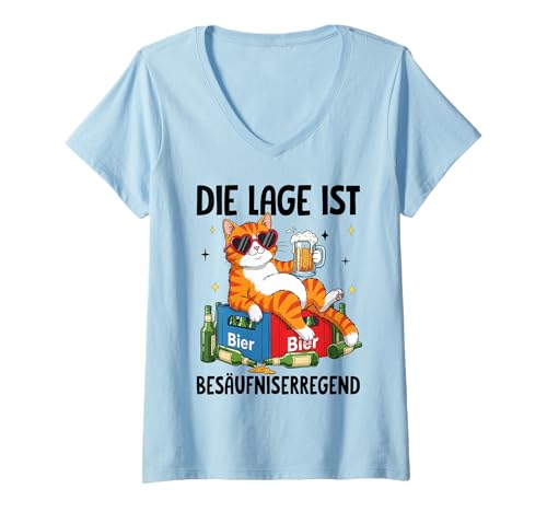 Damen Die Lage Ist Besäufniserregend mit Katze T-Shirt mit V-Ausschnitt von Katzen Outfits für Party und Kneipentour