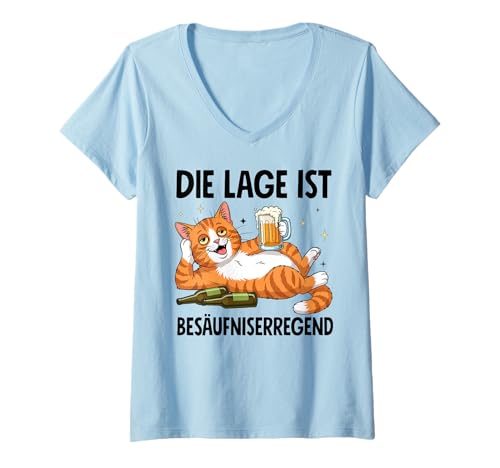 Damen Die Lage Ist Besäufniserregend mit Katze T-Shirt mit V-Ausschnitt von Katzen Outfits für Party und Kneipentour