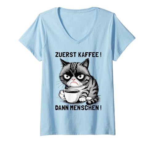 Damen Morgenmuffel Kaffeetrinker Geschenke Lustige Katze Katzen T-Shirt mit V-Ausschnitt von Katzen T Shirt Damen Herren Lustig